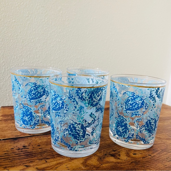 Lilly Pulitzer Other - Set of 4 Lilly Pulitzer Blue Gold Turtle Turtley Awesome Plastic Tumbler Cups